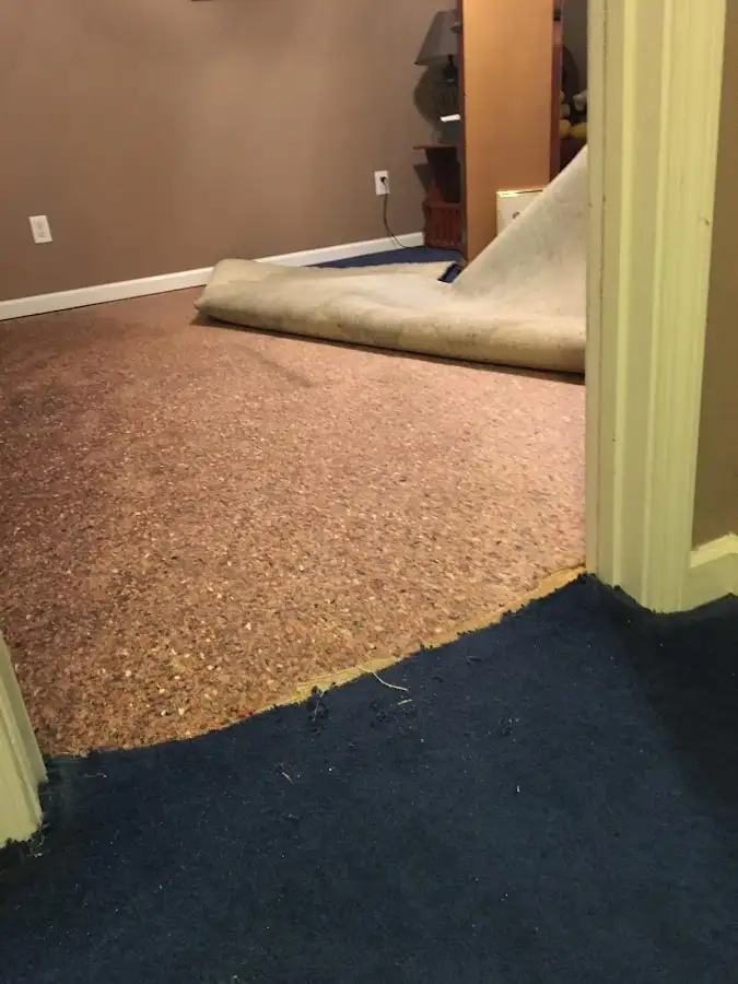 Carpet pad removal revealing water damage during Drying & Dehumidification in La Presa